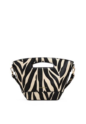 Bolso con estampado de cebra con asa troquelada, correa de hombro desmontable y logo "BOSANOVA" en tono dorado en el frente.