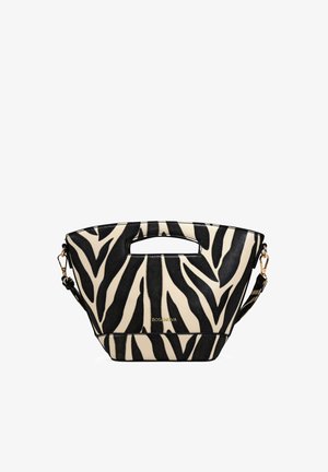 Bolso con estampado de cebra con asa troquelada, correa de hombro desmontable y logo "BOSANOVA" en tono dorado en el frente.