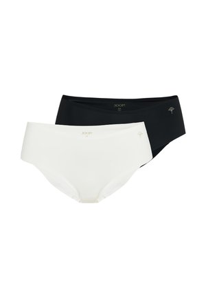 Zwei Mid-Rise-Hipster-Slips, einer schwarz und einer weiß, beide mit kleinen dekorativen Logos und nahtlosen Kanten.