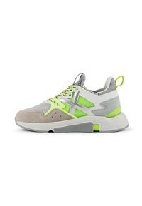 Sport shoe featuring a mesh upper in grey and white with neon green accents, suede detailing, and a textured rubber sole.