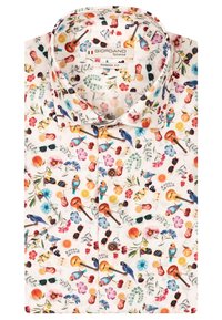 Chemise blanche à manches courtes avec un imprimé coloré de fleurs, de fruits, de guitares et d'oiseaux. Dotée d'un col classique et d'une coupe moderne.