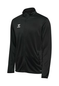 Zwarte sportjack van ademend stof, met een hoge kraag, volledige rits en subtiele logo-detail op de borst.