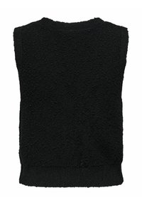 Schwarzer ärmelloser Pullover aus strukturiertem Stoff, mit einem runden Halsausschnitt und geripptem Saum am unteren Ende. Keine Verschlüsse oder zusätzlichen Details.