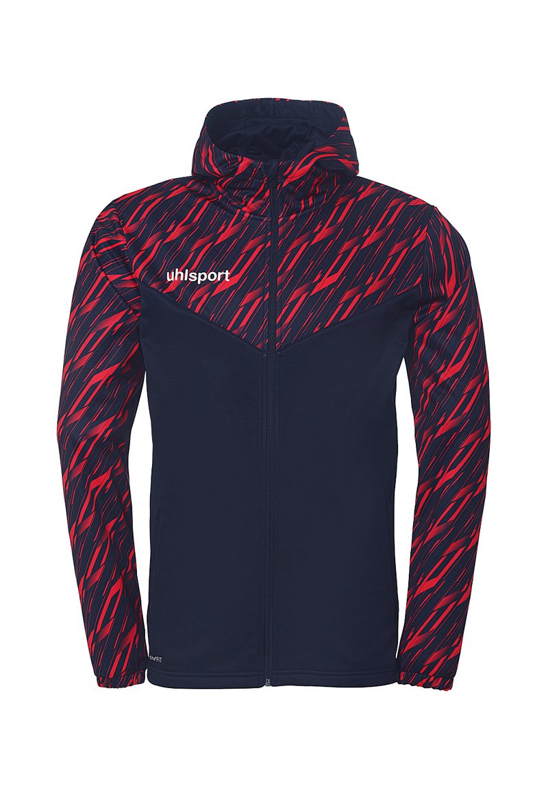 Hættejakke med marineblå krop og røde og sorte zigzag-mønstre på skuldrene og ærmerne. Lynlås lukning og uhlsport logo på brystet.