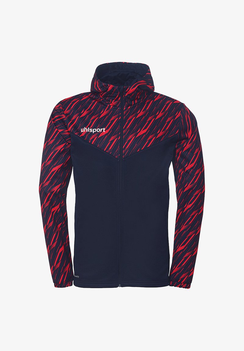 Hættejakke med marineblå krop og røde og sorte zigzag-mønstre på skuldrene og ærmerne. Lynlås lukning og uhlsport logo på brystet.