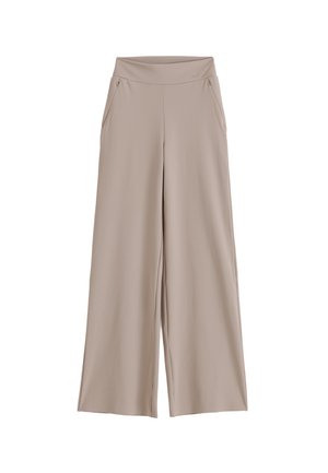 Beige wijde broek met hoge tailleband en zijritszakken, gemaakt van zacht, vloeiend materiaal.
