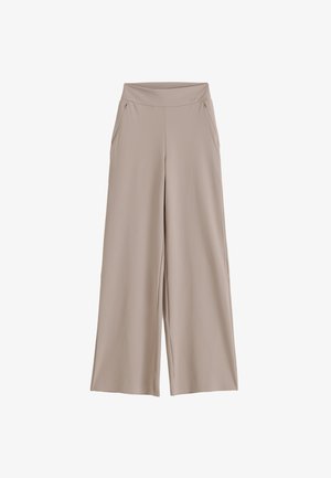 Beige wijde broek met hoge tailleband en zijritszakken, gemaakt van zacht, vloeiend materiaal.