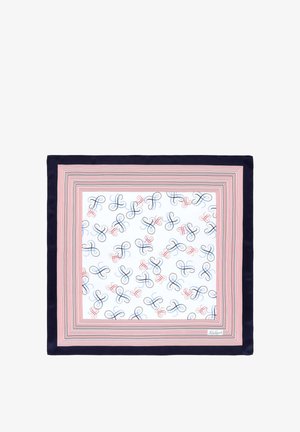 Hodvábny šál s komplikovaným vzorom uzlov v rôznych farbách na bielom pozadí, ohraničený námorníckym modrým a červeným pruhovaným lemom.