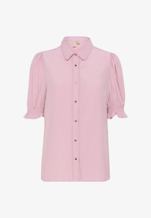 Rausvas trumpas rankovėmis marškinėliai su sagų užsegimu priekyje, išskirtiniais scalloped detalėmis palei sagų juostą ir surinktomis pūstomis rankovėmis. Lygus audinio paviršius.