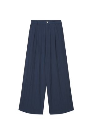 Navy blue wide-leg cropped trousers with pleats, button and zip closure, and belt loops on the waistband.