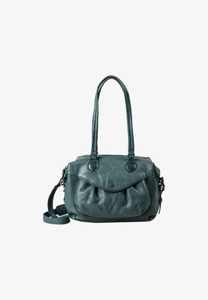 Teal Lederhandtasche mit zwei kurzen Griffen und einem abnehmbaren Schultergurt. Hat eine gefaltete Vorderseite, runde Hardware-Akzente und eine glatte Oberfläche.