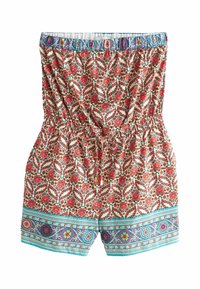 Combinaison courte bustier à fleurs rouges et roses, taille élastique ajustée avec lien, et bordure bleue à motifs à la ceinture et à l'ourlet du short.