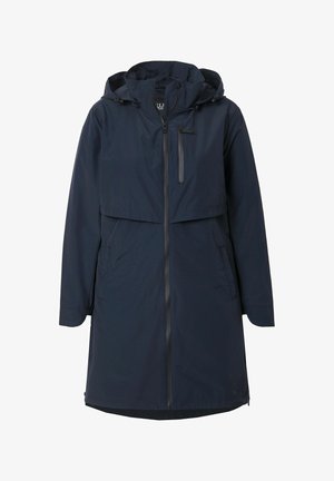 Navyblaue wasserdichte Jacke mit Kapuze, ausgestattet mit einem Reißverschluss vorne, Seitentaschen und einem leicht oversized Schnitt für zusätzlichen Komfort.