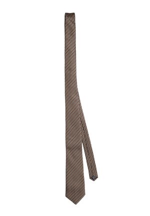 Cravatta marrone con un motivo geometrico blu e arancione. Realizzata in seta. Presenta una punta a forma di freccia e una texture liscia.
