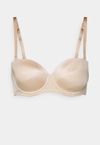 Beige formet koppbh med glatt satintrekk, justerbare stropper og støttende underwire. Enkel design, egnet for hverdagsbruk.