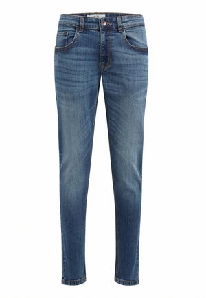 Jeans in denim slim-fit blu con chiusura a bottoni e zip, tasche frontali e posteriori, e delicate sfumature di sbiadimento.
