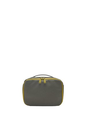 Prostokątna szara i żółta torba podróżna na kosmetyki z podwójnymi złotymi suwakiem i czarną rączką na górze.