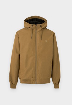 Bruine hoodiejack, met rits aan de voorkant, elastische manchetten en zoom. Twee zijzakken, logo op de borst, gladde stofafwerking.