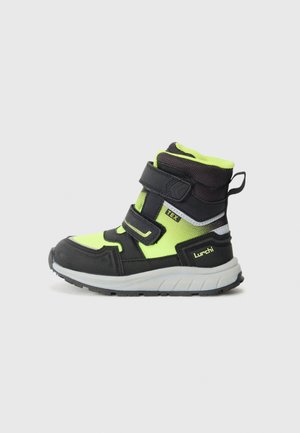 Black and neon yellow high-top boot with textured fabric, Velcro straps, a cushioned collar, and a durable rubber sole. Brand name "Lurchi" visible.