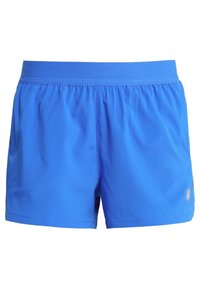 Blå sportshorts med resår i midjan, slät textur och en liten logodetalj på nedre högra sidan.