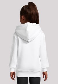White hooded sweatshirt with a textured fabric, featuring a pouch pocket and ribbed cuffs. Designed with a relaxed fit and hood.