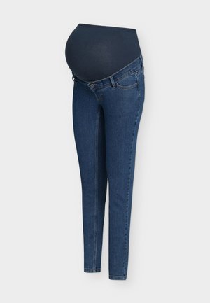 Maternity skinny jeans in dark blue denim, featuring a soft, stretchy waistband and a classic five-pocket design.