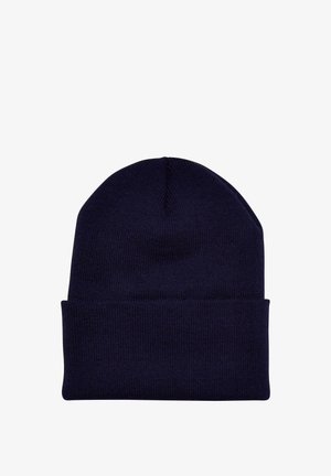 Navy blue knitted beanie with a folded cuff, featuring a smooth texture and deep, tapered crown design.