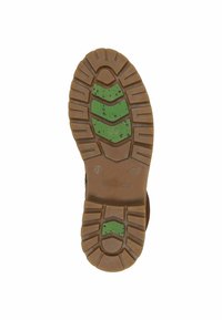 Suola di scarpa in gomma marrone con un motivo testurizzato, impreziosita da scanalature verdi e macchie, che migliora la presa e il supporto. Marcata "remonte" e taglia "37."