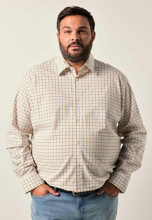Lysternetternet plaid skjorte i creme med blå og gule tern, knap-ned krave, lange ærmer og rundede manchetter. Kombineret med lyse denim bukser.