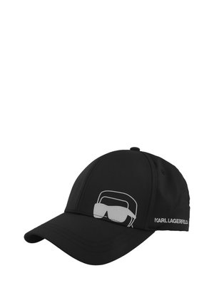 Zwarte baseballpet met een grijze afbeelding van gestileerde bril en hoofddeksel, met aan de zijkant de tekst "KARL LAGERFELD".