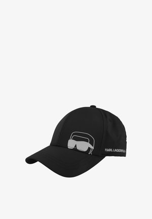 Černá baseballová čepice se šedou grafikou stylizovaných brýlí a pokrývky hlavy, s nápisem „KARL LAGERFELD“ na boku.