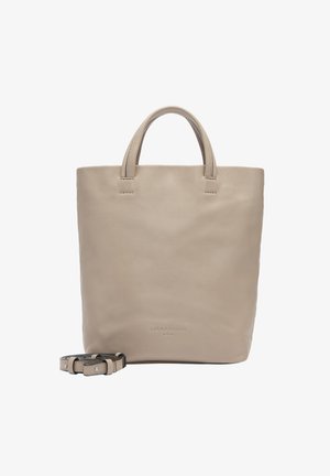 Borsa tote in pelle beige con due manici superiori e una tracolla staccabile; texture liscia e senza motivi visibili o dettagli in metallo.