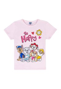 T-shirt in cotone rosa con cani cartoon, testo "Be HAPPY" in lettere glitterate, con cuori e un sole sorridente. Maniche corte.