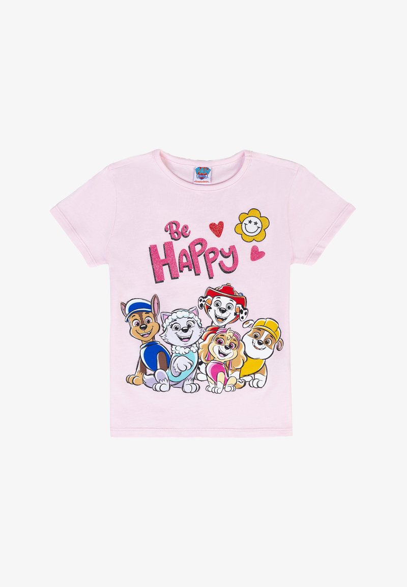 T-shirt in cotone rosa con cani cartoon, testo "Be HAPPY" in lettere glitterate, con cuori e un sole sorridente. Maniche corte.