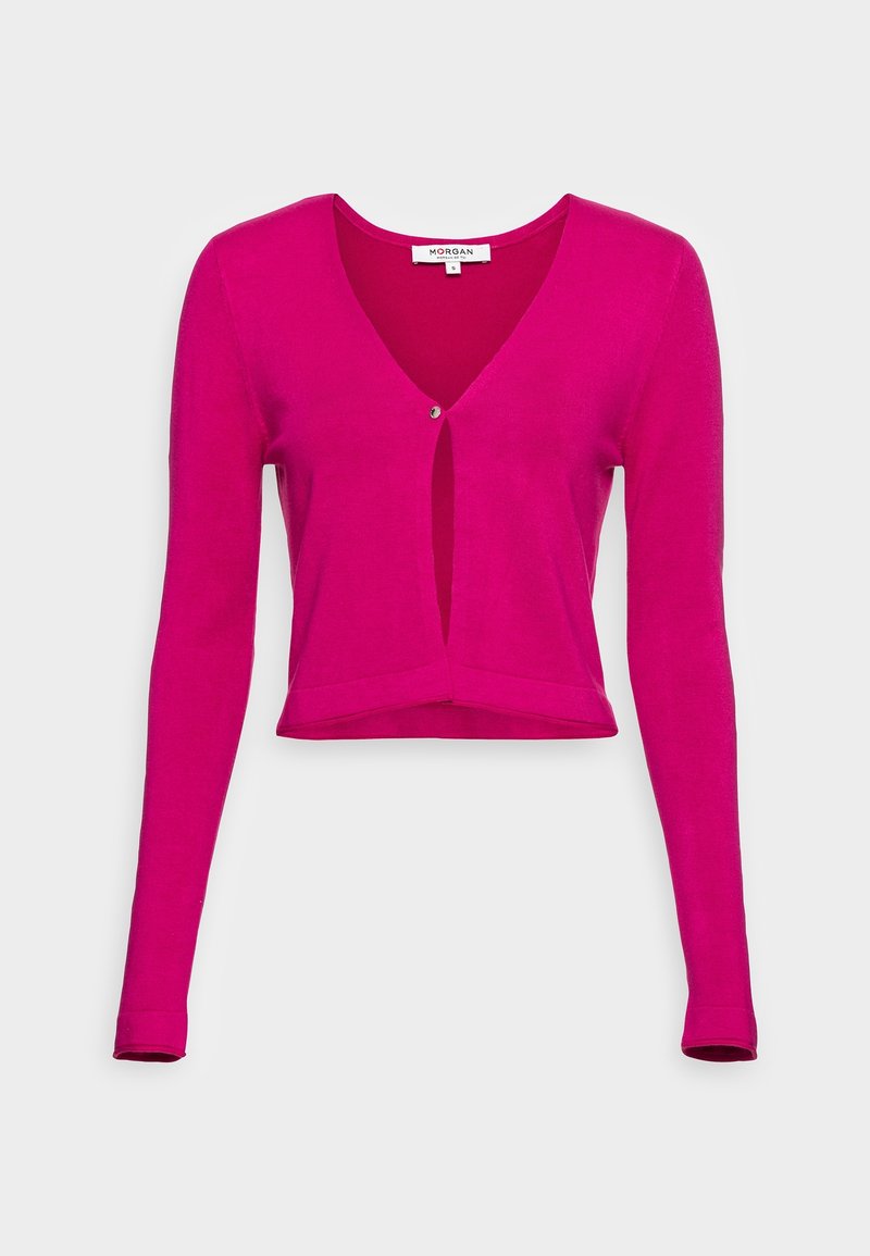 Cardigan ajustado de manga larga en rosa brillante, con un escote en V profundo, un pequeño cierre de botones y un dobladillo corto. Textura de punto suave.