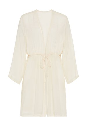 Lichte, crèmekleurige robe met een losse pasvorm, diepe V-hals en driekwartmouwen. Heeft een cinched taille met een strikdetail.