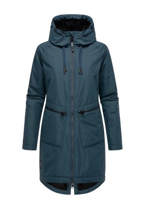 Donker teal, waterdichte parka met een capuchon, twee ritszakken en een ritsluiting aan de voorkant. Kenmerken zijn trekkoorden bij de nek en een textuurvoering.