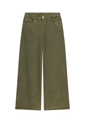 Pantalon à jambes larges vert olive avec bouton et zip à l'avant, passants de ceinture et deux poches avant.