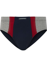 Herren Slip mit einer Kombination aus Marineblau, Rot und Grauen Einsätzen. Hergestellt aus weichem Stoff mit einer glatten Textur. Enthält das Markenlogo auf dem Bund.
