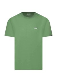 T-shirt verde in cotone con maniche corte, colletto rotondo e logo bianco Vans sul petto sinistro. Texture liscia, vestibilità standard.