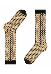 Schwarze Netzsöckchen mit einem Rautenmuster, auf einem nude-farbenen Grund. Mit einem festen schwarzen Bündchen und Zehen, die ein strukturiertes Aussehen verleihen.