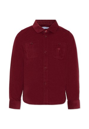Camicia bordeaux a maniche lunghe in un tessuto morbido, con colletto button-down, due tasche sul petto e un piccolo dettaglio del logo a sinistra.