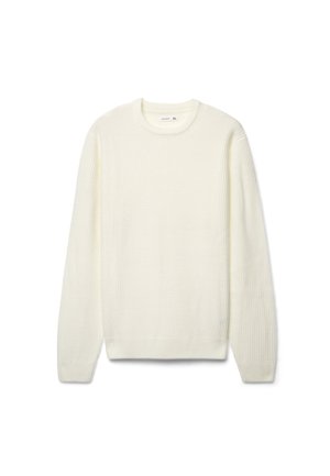 Maglione a maniche lunghe color crema, in maglia, con scollo rotondo e motivo a nido d’ape strutturato, taglia extra large.