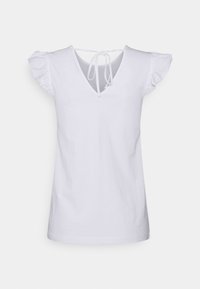 Bílá bavlněná tričko s výstřihem do V, volánkovými rukávy a zavazováním na zádech. Hladká textura bez vzorů nebo akcentů.