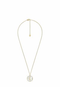 Collana con pendente dorato e charm circolare con centro bianco e accenti a stella; catena regolabile con chiusura a molla.