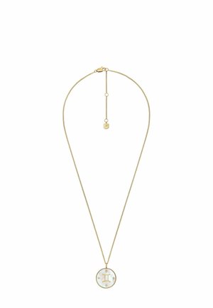 Collier pendentif en ton or avec un charme circulaire présentant un centre blanc et des accents en étoile ; chaîne réglable avec un fermoir à ressort.