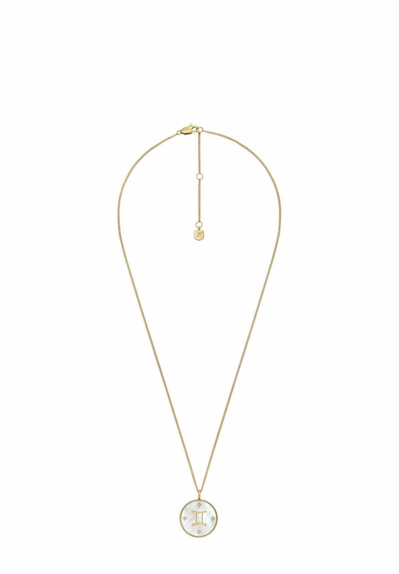 Collana con pendente dorato e charm circolare con centro bianco e accenti a stella; catena regolabile con chiusura a molla.