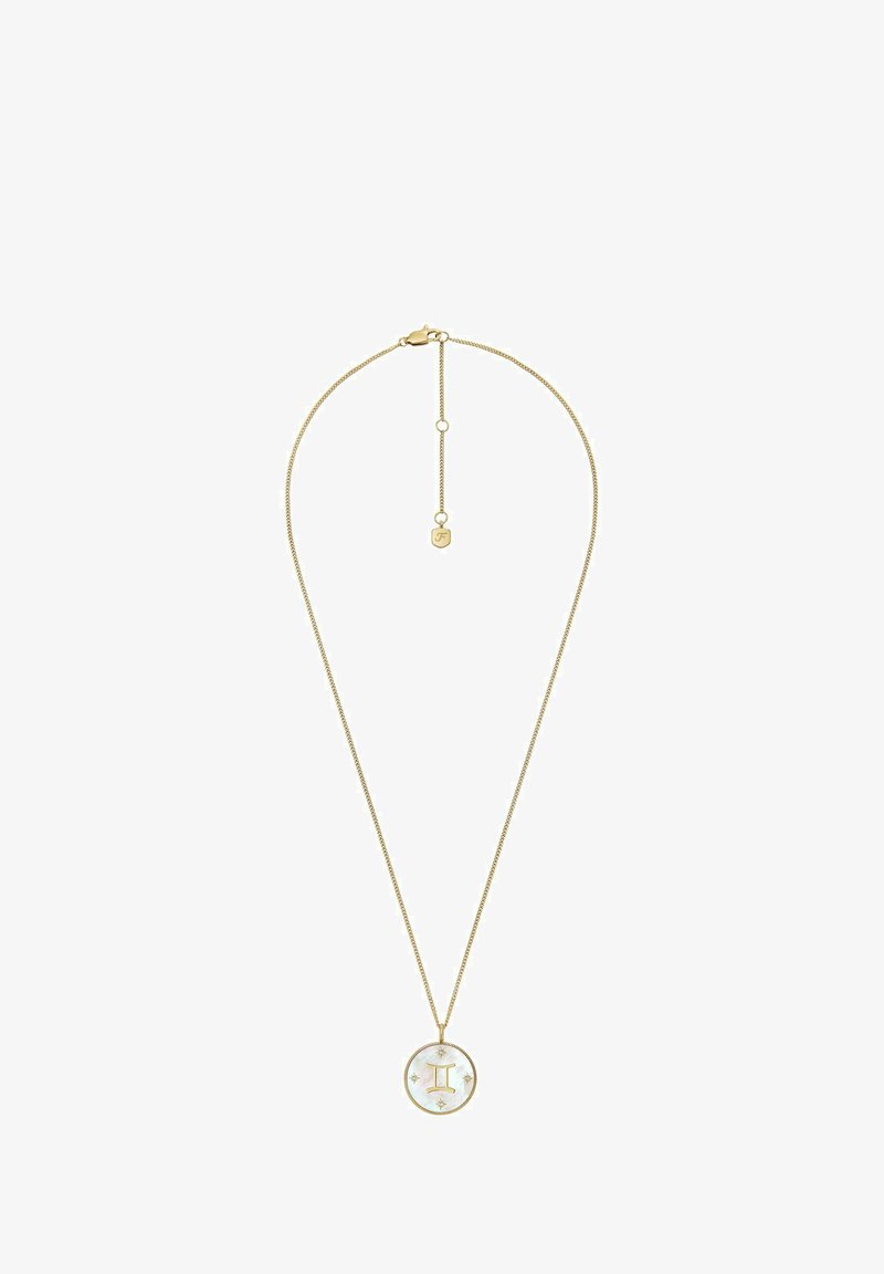 Collier pendentif en ton or avec un charme circulaire présentant un centre blanc et des accents en étoile ; chaîne réglable avec un fermoir à ressort.