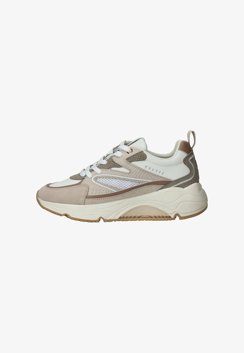 Beige en witte sneaker met een gestructureerde mesh bovenkant, gladde suede accenten, dikke zool en vetersluiting. Voorzien van een versterkte hielpagina.