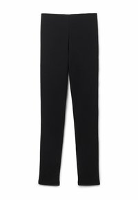 Leggings noirs, ajustés, fabriqués en tissu extensible. Présentent un design sans coutures avec une taille élastique et sans coutures visibles.